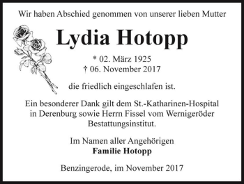 Traueranzeige von Lydia Hotopp  von Magdeburger Volksstimme