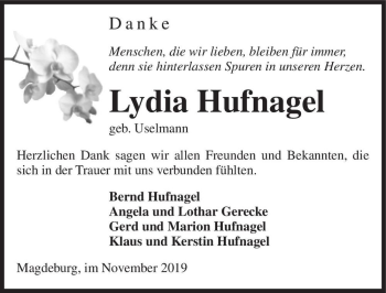 Traueranzeige von Lydia Hufnagel (geb. Uselmann)  von Magdeburger Volksstimme