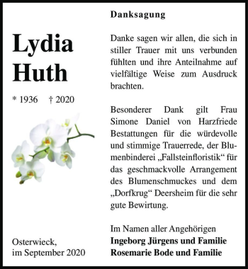 Traueranzeige von Lydia Huth  von Magdeburger Volksstimme