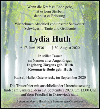 Traueranzeige von Lydia Huth  von Magdeburger Volksstimme