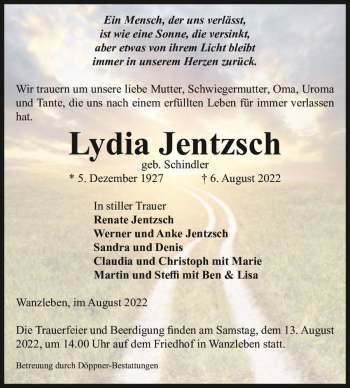 Traueranzeige von Lydia Jentzsch (geb. Schindler)  von Magdeburger Volksstimme