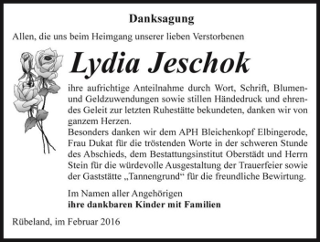 Traueranzeige von Lydia Jeschok  von Magdeburger Volksstimme