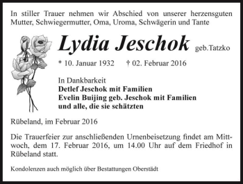 Traueranzeige von Lydia Jeschok (geb. Tatzko)  von Magdeburger Volksstimme