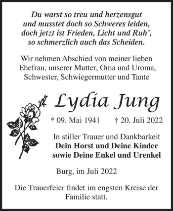 Traueranzeige von Lydia Jung  von Magdeburger Volksstimme