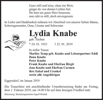 Traueranzeige von Lydia Knabe (geb. Tuchen)  von Magdeburger Volksstimme