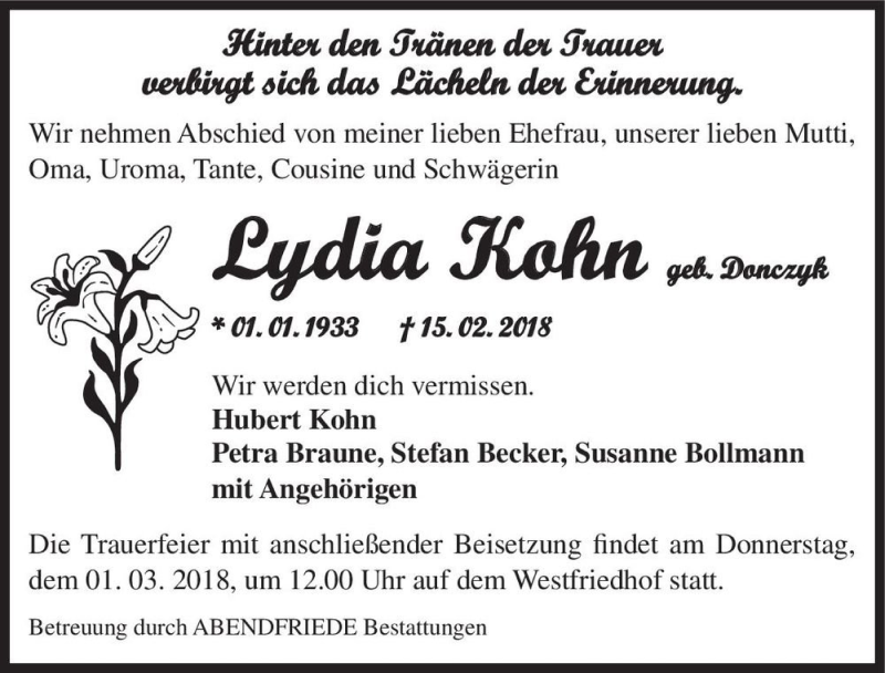  Traueranzeige für Lydia Kohn (geb. Donczyk)  vom 24.02.2018 aus Magdeburger Volksstimme