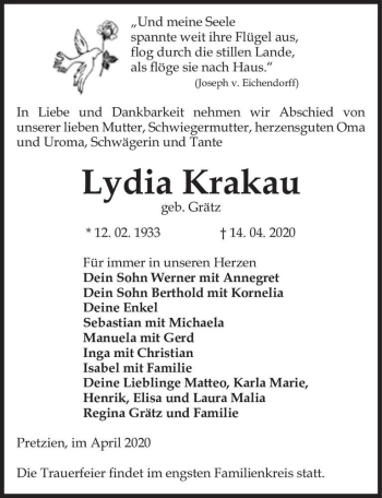 Traueranzeige von Lydia Krakau (geb. Grätz)  von Magdeburger Volksstimme