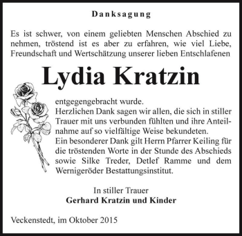 Traueranzeige von Lydia Kratzin  von Magdeburger Volksstimme
