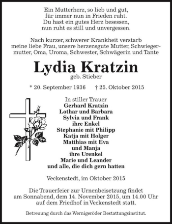 Traueranzeige von Lydia Kratzin (geb. Stieber)  von Magdeburger Volksstimme