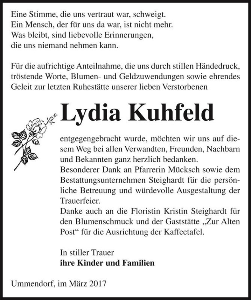  Traueranzeige für Lydia Kuhfeld  vom 11.03.2017 aus Magdeburger Volksstimme