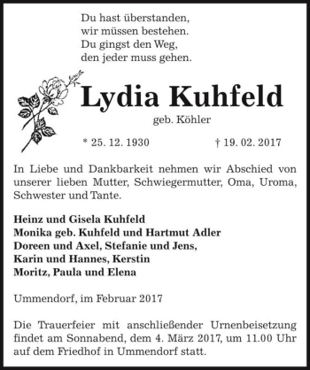 Traueranzeige von Lydia Kuhfeld (geb. Köhler)  von Magdeburger Volksstimme