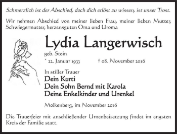 Traueranzeige von Lydia Langerwisch (geb. Stein)  von Magdeburger Volksstimme