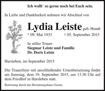 Traueranzeige von Lydia Leiste (geb. Hundt)  von Magdeburger Volksstimme