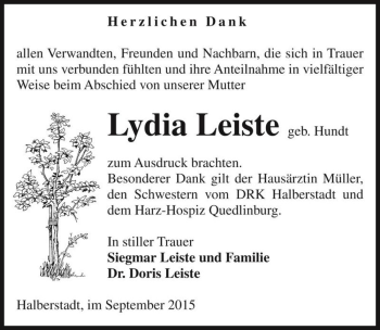Traueranzeige von Lydia Leiste geb. Hundt  von Magdeburger Volksstimme