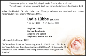Traueranzeige von Lydia Lübbe (geb. Keck)  von Magdeburger Volksstimme