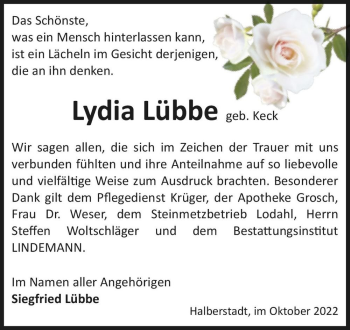 Traueranzeige von Lydia Lübbe (geb. Keck)  von Magdeburger Volksstimme