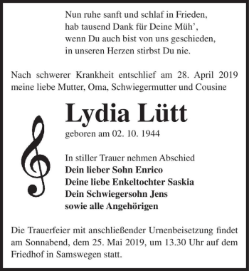 Traueranzeige von Lydia Lütt  von Magdeburger Volksstimme