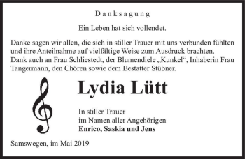 Traueranzeige von Lydia Lütt  von Magdeburger Volksstimme