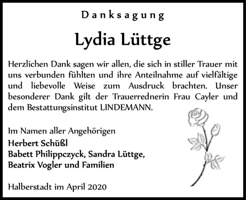  Traueranzeige für Lydia Lüttge  vom 09.05.2020 aus Magdeburger Volksstimme