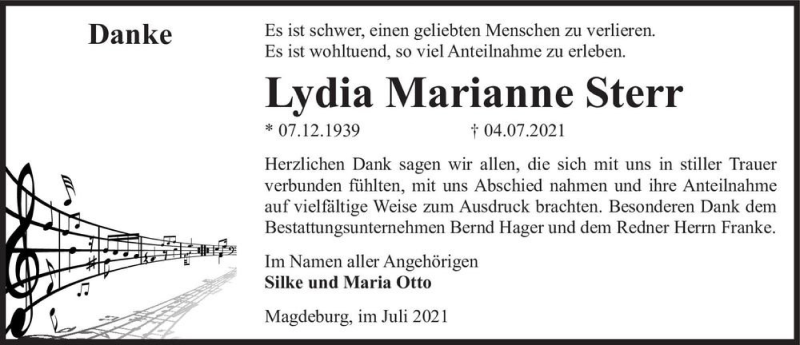  Traueranzeige für Lydia Marianne Sterr  vom 31.07.2021 aus Magdeburger Volksstimme
