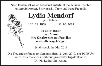 Traueranzeige von Lydia Mendorf (geb. Behrend)  von Magdeburger Volksstimme