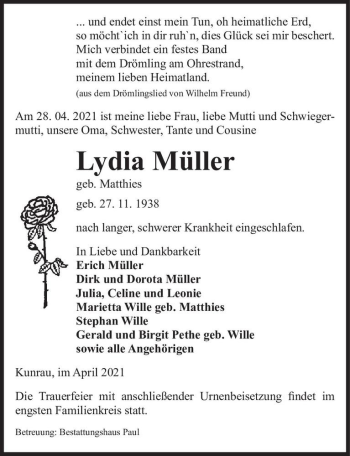 Traueranzeige von Lydia Müller (geb. Matthias)  von Magdeburger Volksstimme
