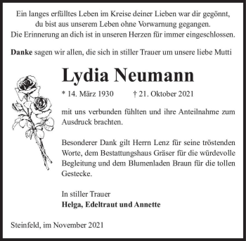 Traueranzeige von Lydia Neumann  von Magdeburger Volksstimme