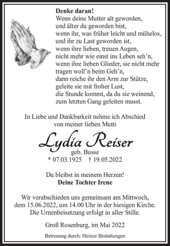 Traueranzeige von Lydia Reiser (geb. Busse)  von Magdeburger Volksstimme