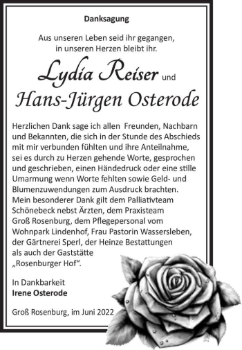 Traueranzeige von Lydia Reiser und Hans-Jürgen Osterode  von Magdeburger Volksstimme