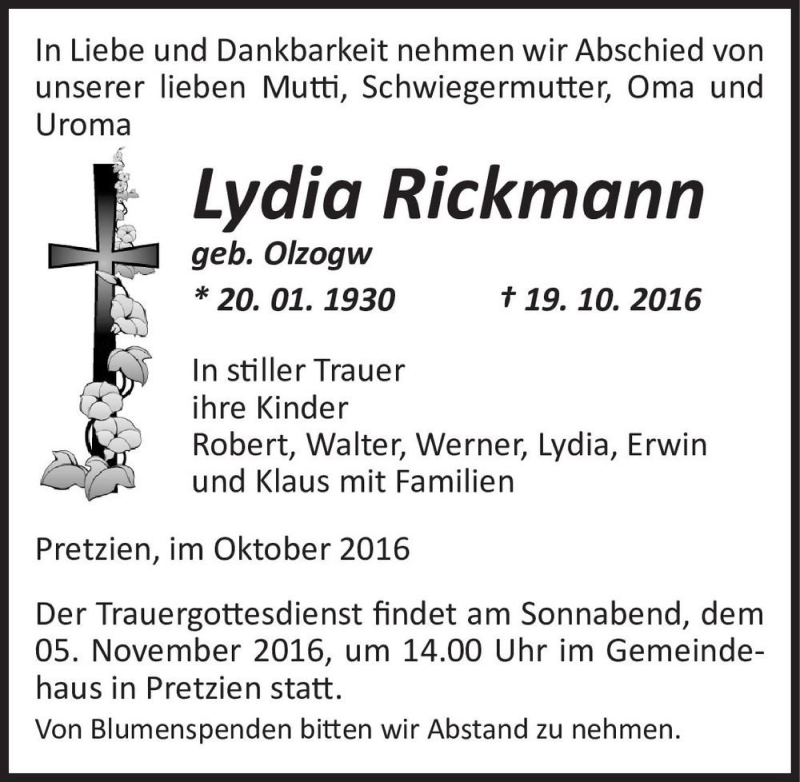  Traueranzeige für Lydia Rickmann (geb. Olzogw)  vom 26.10.2016 aus Magdeburger Volksstimme
