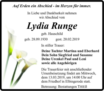 Traueranzeige von Lydia Runge (geb. Hauschild)  von Magdeburger Volksstimme