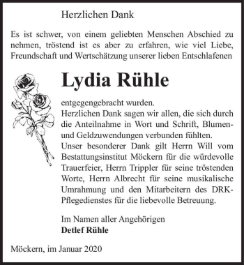 Traueranzeige von Lydia Rühle  von Magdeburger Volksstimme