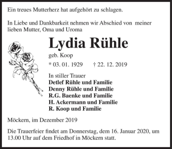 Traueranzeige von Lydia Rühle (geb. Koop)  von Magdeburger Volksstimme