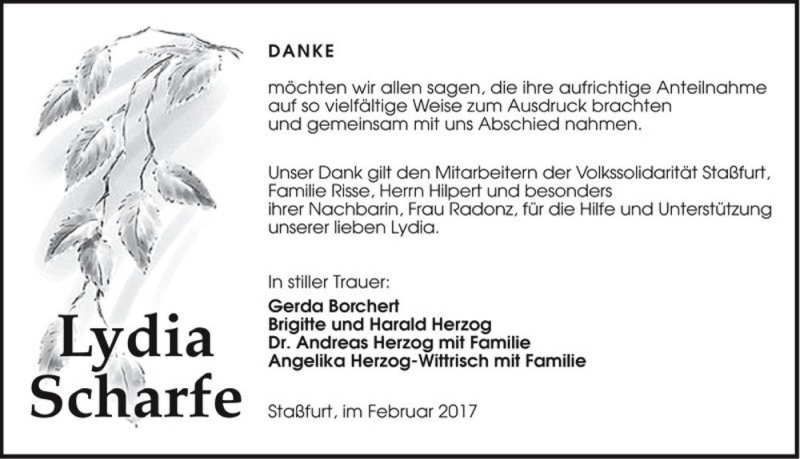  Traueranzeige für Lydia Scharfe  vom 11.02.2017 aus Magdeburger Volksstimme