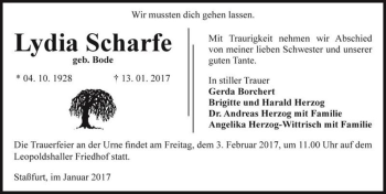 Traueranzeige von Lydia Scharfe (geb. Bode)  von Magdeburger Volksstimme
