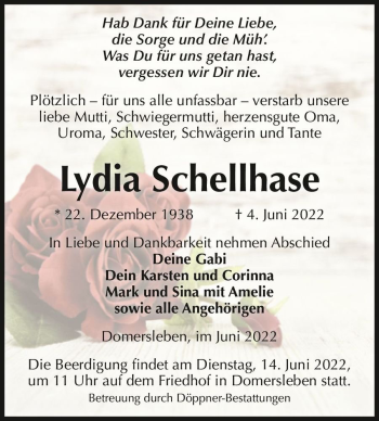 Traueranzeige von Lydia Schellhase  von Magdeburger Volksstimme
