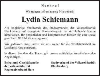 Traueranzeige von Lydia Schiemann  von Magdeburger Volksstimme