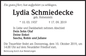 Traueranzeige von Lydia Schmiedecke (geb. Hohenstein)  von Magdeburger Volksstimme