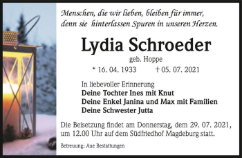 Traueranzeige von Lydia Schroeder (geb. Hoppe)  von Magdeburger Volksstimme