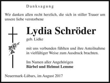 Traueranzeige von Lydia Schröder (geb. Lidke)  von Magdeburger Volksstimme