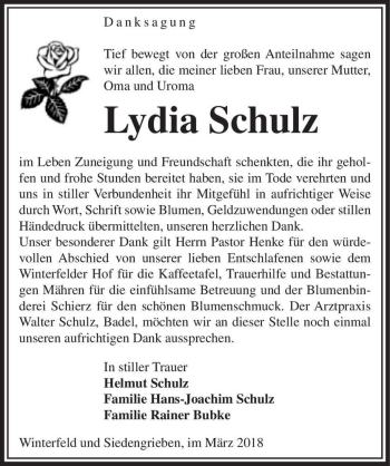 Traueranzeige von Lydia Schulz  von Magdeburger Volksstimme