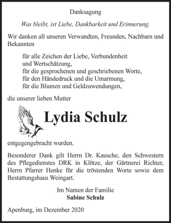 Traueranzeige von Lydia Schulz  von Magdeburger Volksstimme