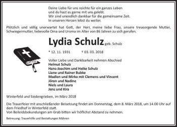 Traueranzeige von Lydia Schulz (geb. Schultz)  von Magdeburger Volksstimme