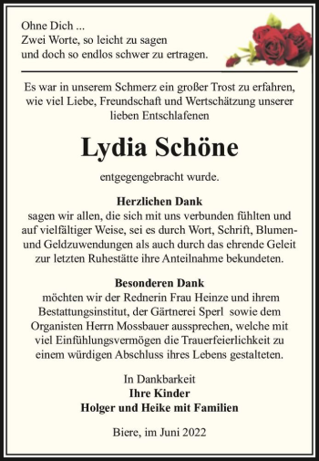 Traueranzeige von Lydia Schöne  von Magdeburger Volksstimme