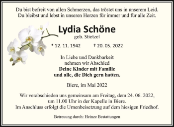 Traueranzeige von Lydia Schöne (geb. Stietzel)  von Magdeburger Volksstimme