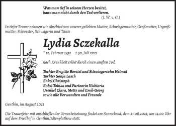 Traueranzeige von Lydia Sczekalla  von Magdeburger Volksstimme