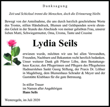 Traueranzeige von Lydia Seils  von Magdeburger Volksstimme