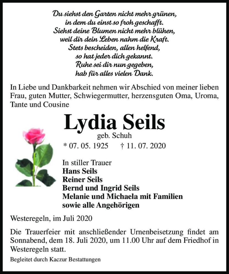 Traueranzeige für Lydia Seils (geb. Schuh)  vom 15.07.2020 aus Magdeburger Volksstimme