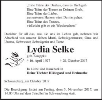 Traueranzeige von Lydia Selke (geb. Knappke)  von Magdeburger Volksstimme