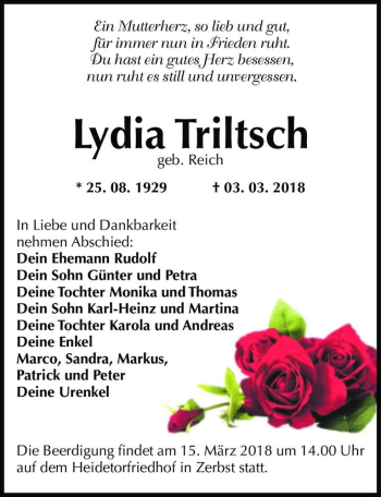 Traueranzeige von Lydia Triltsch (geb. Reich)  von Magdeburger Volksstimme